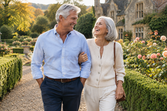 Smiling silver-haired couple walking arm in arm along a gravel garden path lined with boxwood hedges and pink roses, with a stone manor house behind them
