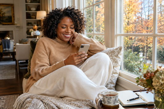 Smiling woman with natural curls in a camel sweater reading her phone on a cushioned window seat beside a cup of tea and an open notebook, with autumn trees outside