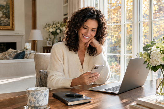 Smiling woman with curly dark hair in an ivory cardigan reading her phone at a home desk beside a laptop and notebook, with autumn trees outside a tall window