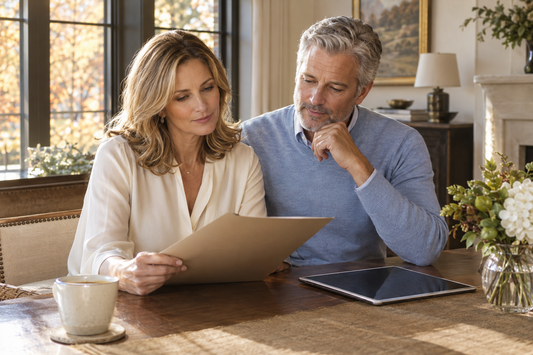 Midlife couple seated together at a sunlit dining table reviewing an unmarked folder and tablet, with coffee and a small vase of flowers nearby