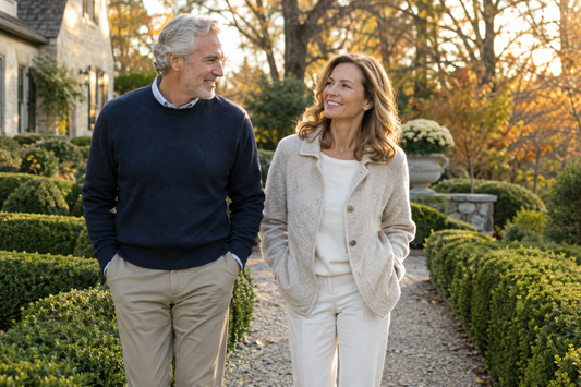 Midlife couple enjoying a relaxed walk on a landscaped garden path at home