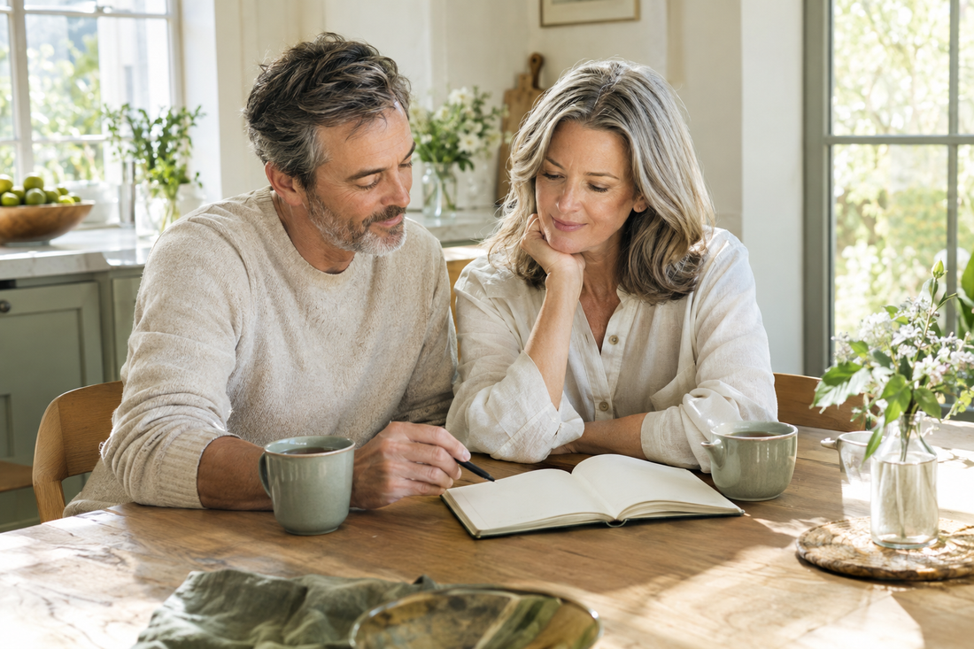 A man and woman seated at a sunlit kitchen table with an open notebook, two tea cups, and a small vase.