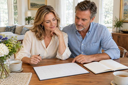 Midlife couple reviewing a blank weekly calendar at home