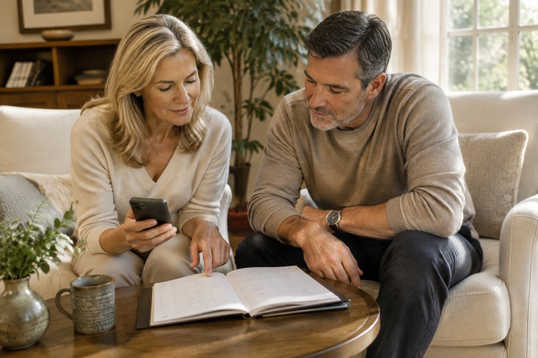 A woman holding a smartphone beside a man as they look at an open notebook in a sunlit living room.