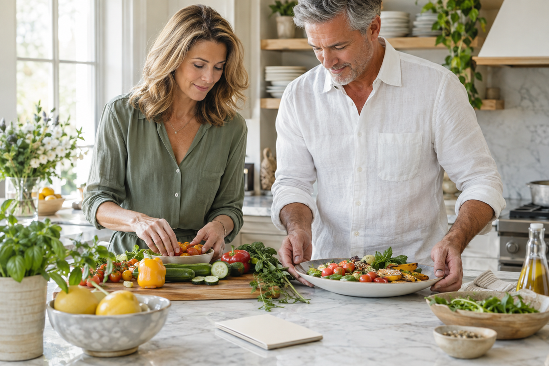 Midlife couple preparing a colorful meal together in a sunlit kitchen