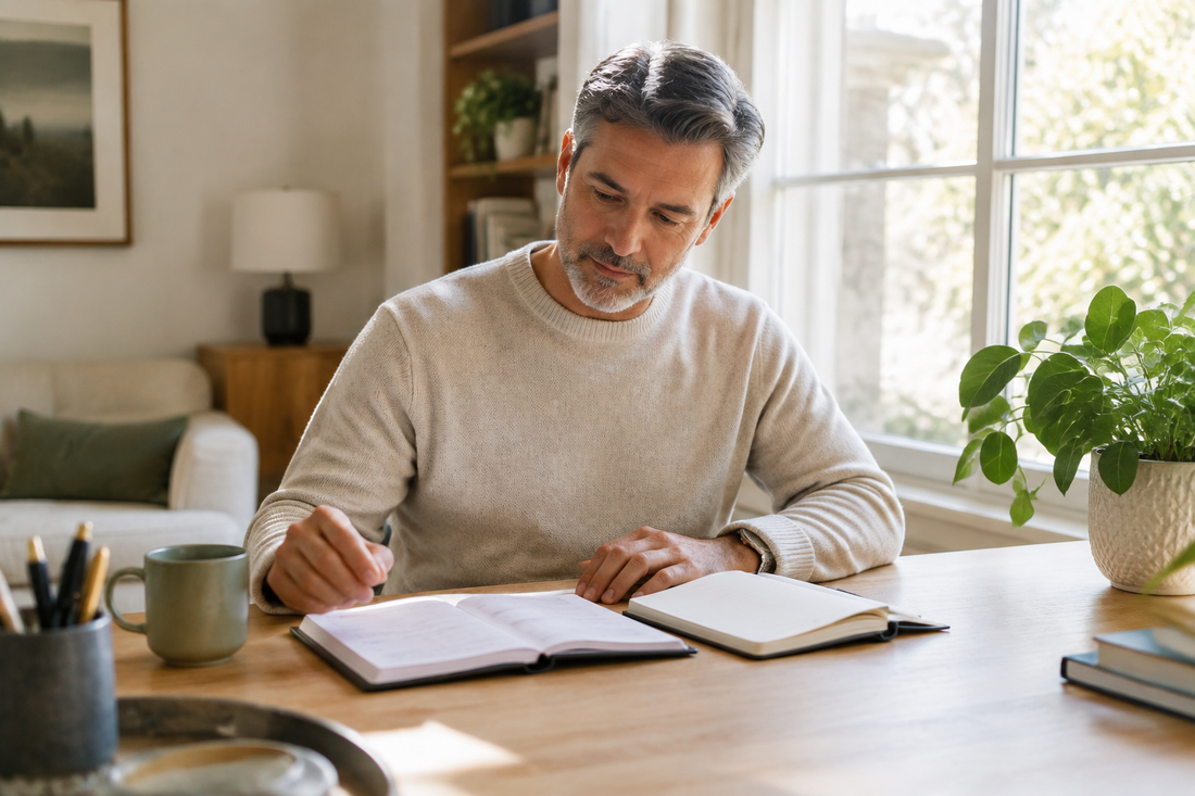 A midlife man in a light sweater writing in an open planner at a bright home-office desk.