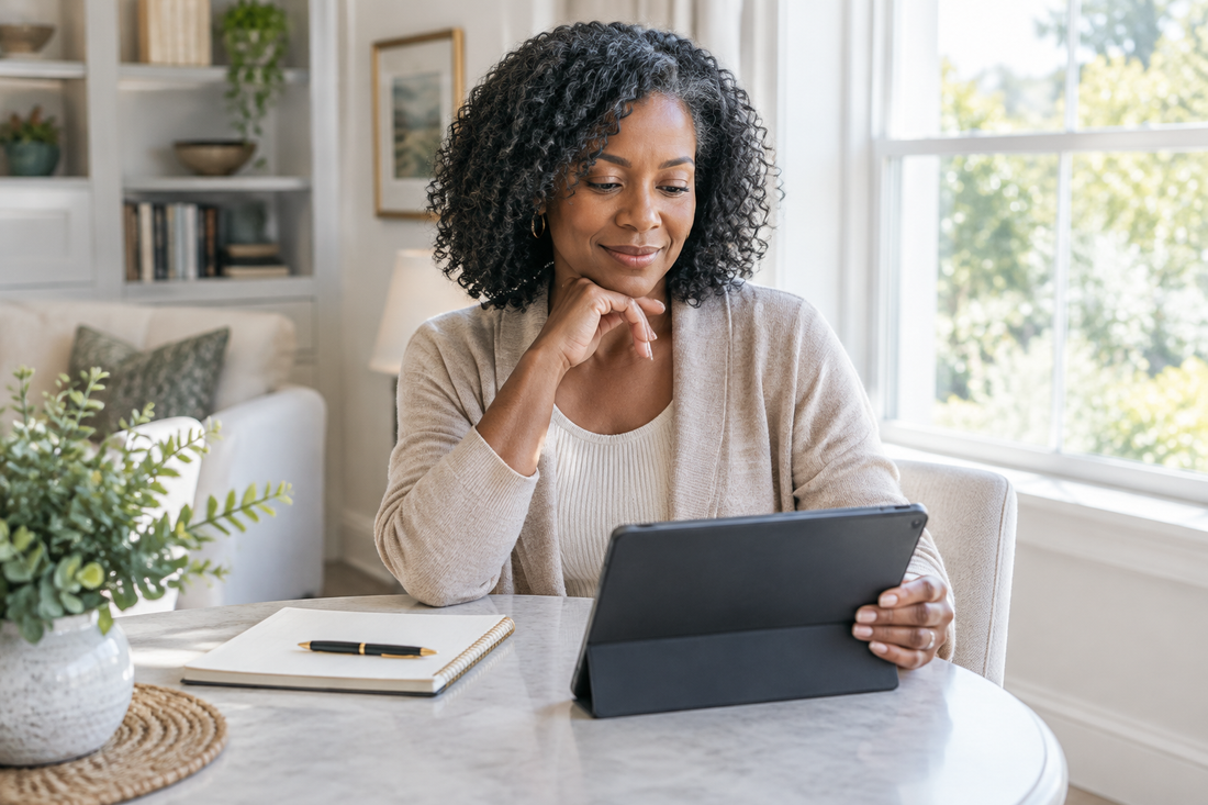 A woman seated by a bright window holding a tablet, with a notebook and pen on a table.