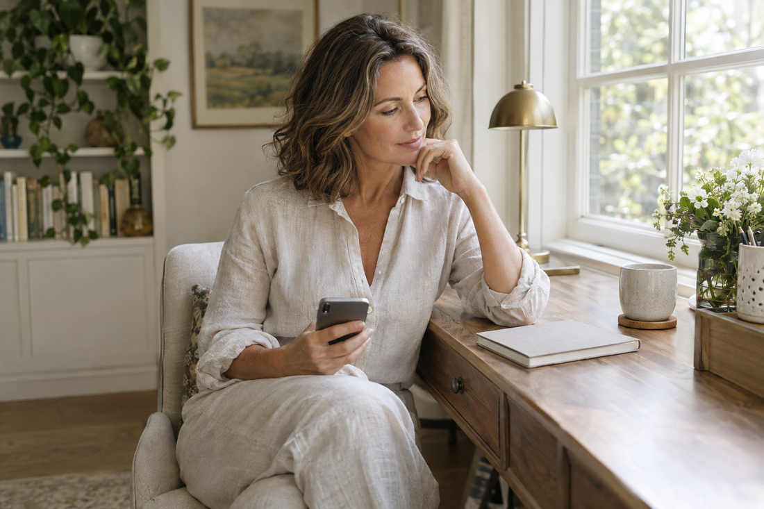 A woman seated at a desk by a bright window holding a smartphone, with a closed notebook and mug on the desk.