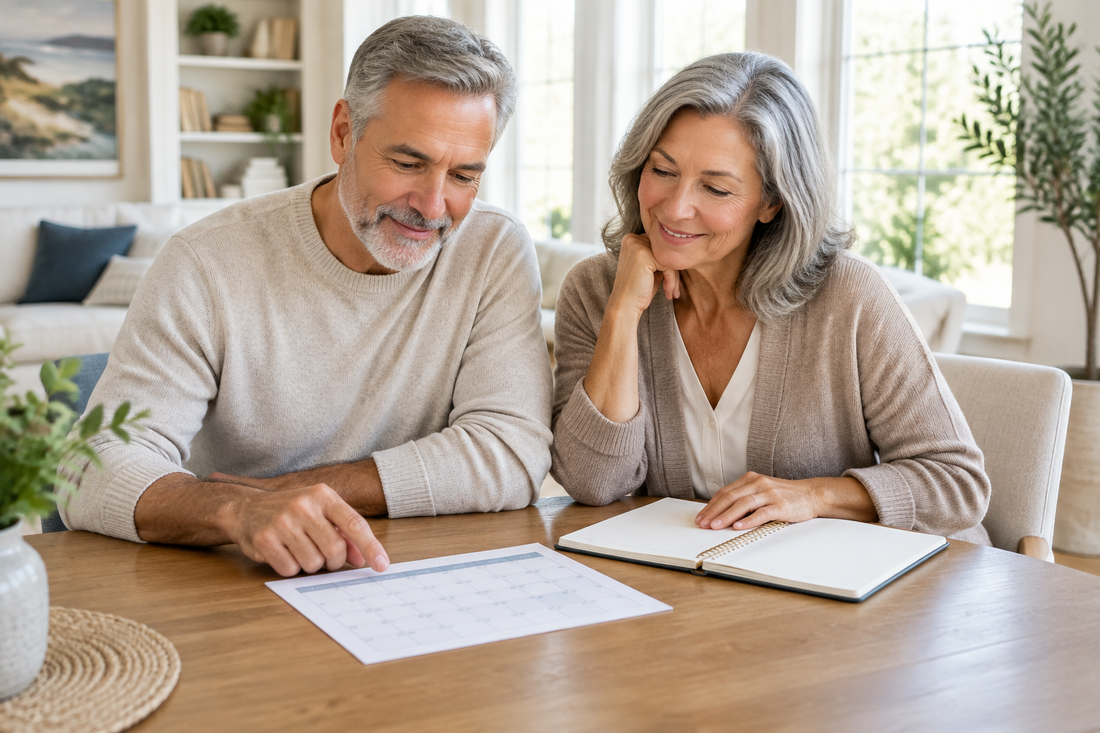 A man and woman seated at a table, reviewing a calendar and notebook in a bright home.