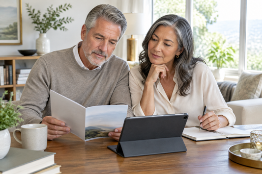 A man and woman seated at a table reviewing a brochure and tablet, with a notebook nearby in a bright home.