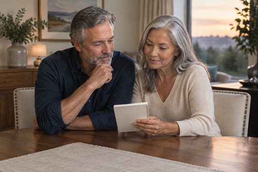 A man and woman seated at a wooden table, reviewing a notebook in a warmly lit home.