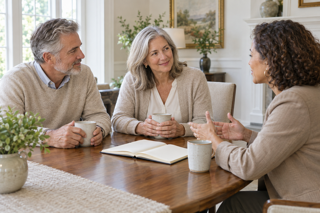 Three adults talking around a table with notebooks and mugs in a bright home.