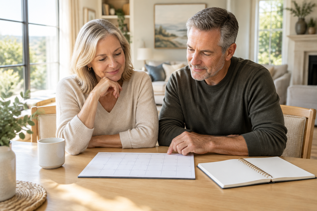 A woman and man seated at a light wood table, reviewing a calendar and notebook in a bright home.