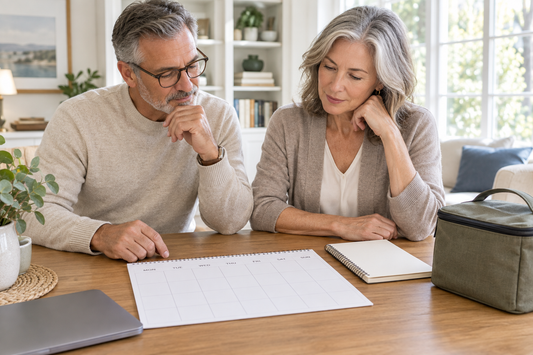 A man and woman seated at a table reviewing a calendar and notebook, with a bag nearby in a bright home.