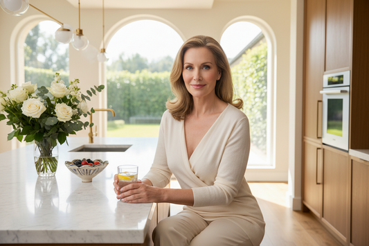 Vibrant elegant woman in her 50s enjoying a glass of lemon water in a luxurious home kitchen, glowing with peak health and vitality through targeted abnormal fat and toxin clearance on a doctor-supervised homeopathic weight loss program