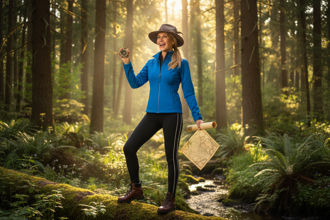 A radiant, adventurous woman in her 50s wearing stylish outdoor athletic wear stands confidently in a sunlit forest, holding a compass and map with a joyful expression of discovery and freedom
