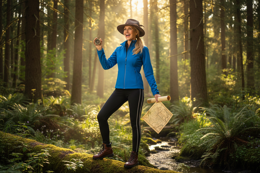 A radiant, adventurous woman in her 50s wearing stylish outdoor athletic wear stands confidently in a sunlit forest, holding a compass and map with a joyful expression of discovery and freedom