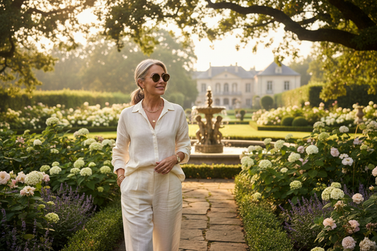 Elegant woman strolling through a lush luxury garden in golden morning light, embracing outdoor time to support circadian health and natural wellness rhythms