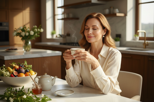 Serene radiant woman in her 50s in a sunlit luxury dining room holding herbal tea with soft eyes of deep inner peace as pancreatic health and vital organs are restored