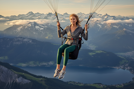 "Elegant woman paragliding over a breathtaking mountain landscape, radiant and confident"