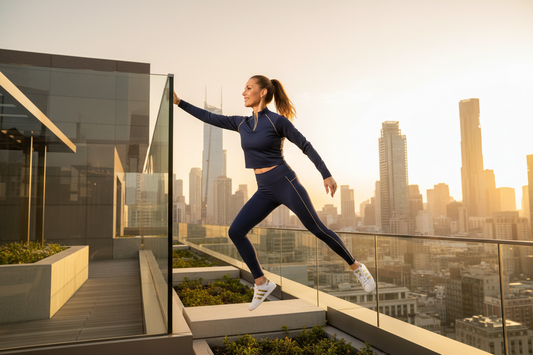 "Elegant affluent woman in expensive athletic wear doing parkour on beautiful urban rooftop, confident and radiant, sophisticated cityscape"