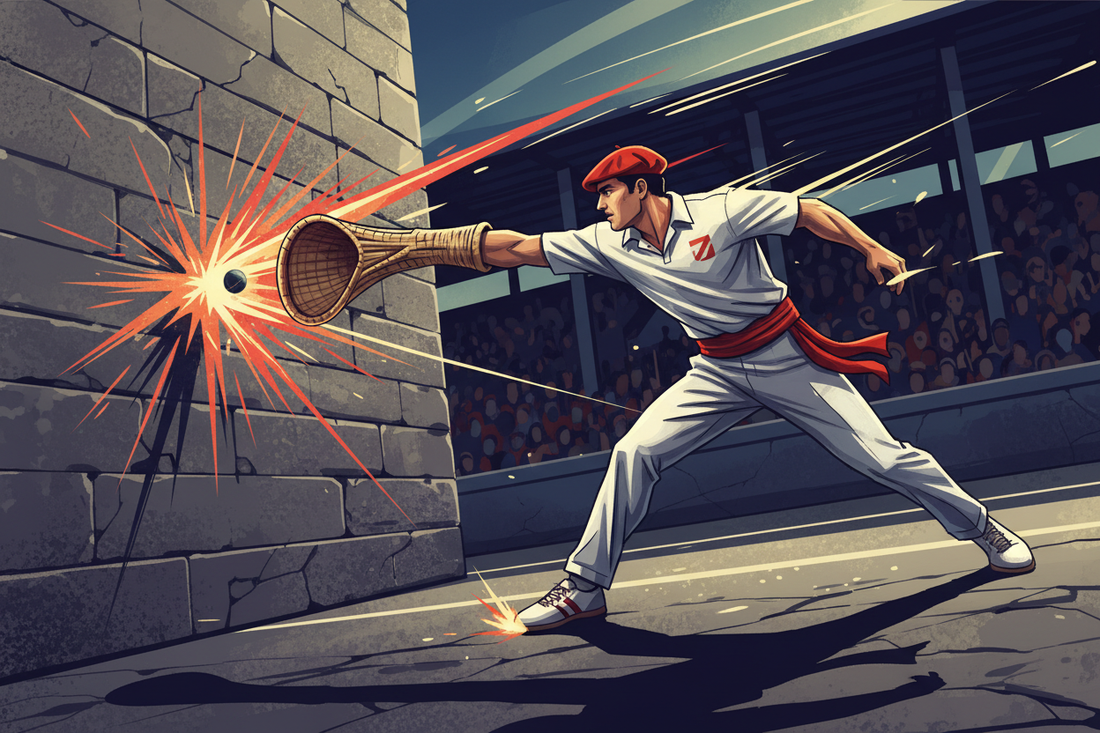 Pelota player in traditional uniform hurling a ball at 150mph against a stone frontón wall, the world's fastest ball sport connecting athletic passion to weight loss with Dr. Restivo's program