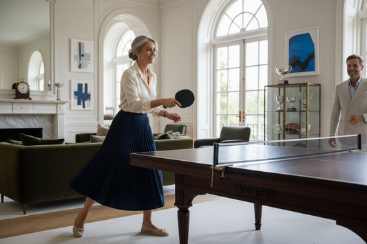 Elegant well-dressed woman in her 50s playing ping pong in a beautiful upscale home game room - Doctor-supervised weight loss program for ping pong enthusiasts
