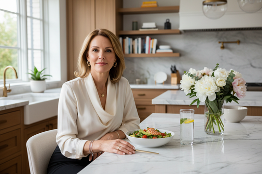  Elegant woman in her 50s sitting at a luxurious marble kitchen counter with a fresh healthy meal, radiant and refreshed in soft natural light