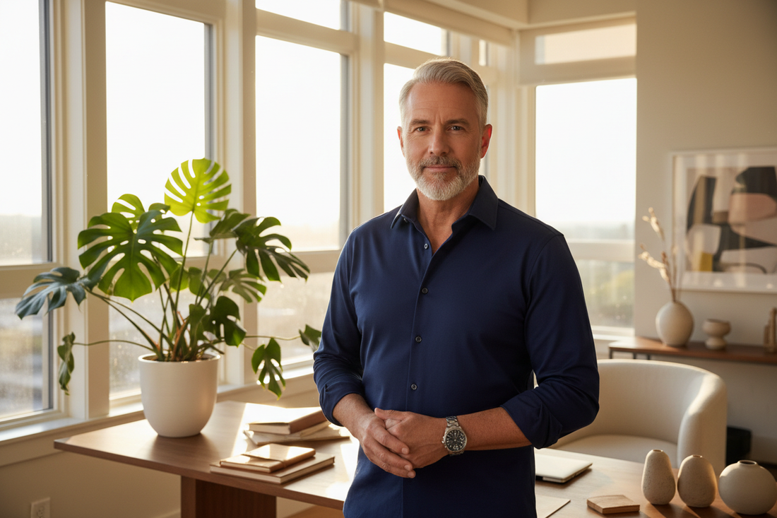  Distinguished healthy man in his 50s standing at a large window in a beautiful sunlit home office, confident calm expression, crisp navy button-down shirt, tasteful watch, lush green plant on desk, warm golden light, upscale modern decor
