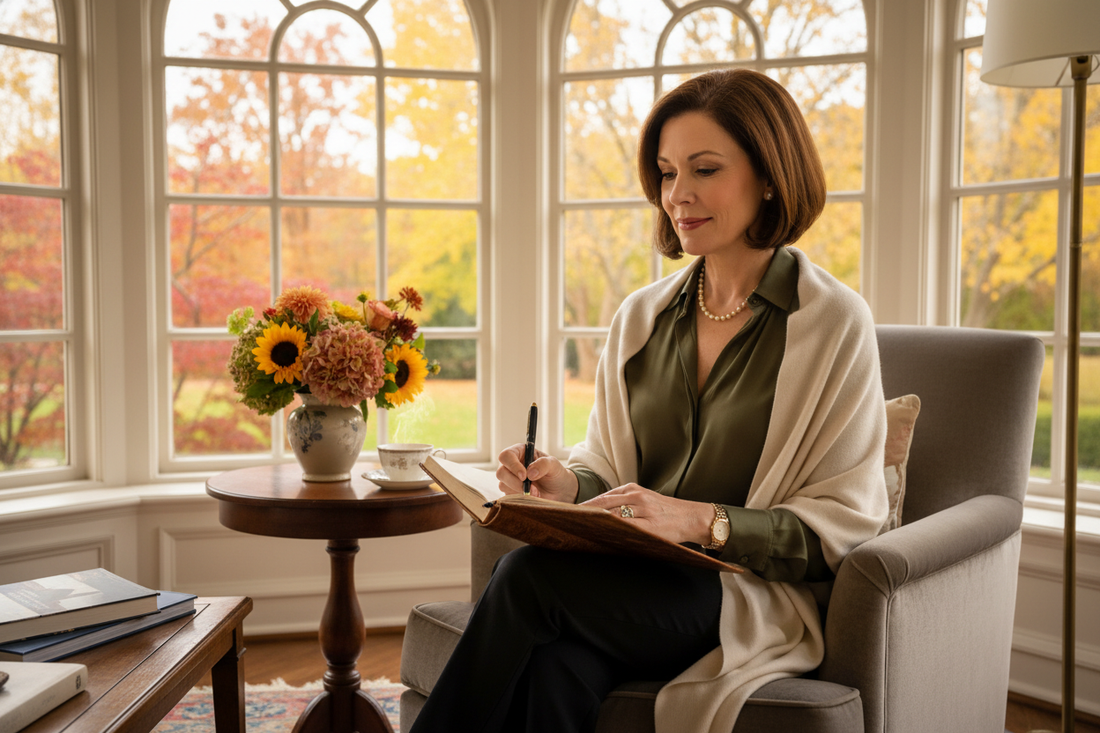 Elegant woman in her early 50s with warm brunette hair sitting in a beautifully appointed sunroom with autumn light, writing in a leather journal, fresh flowers, cashmere wrap, gold jewelry, peaceful and purposeful expression