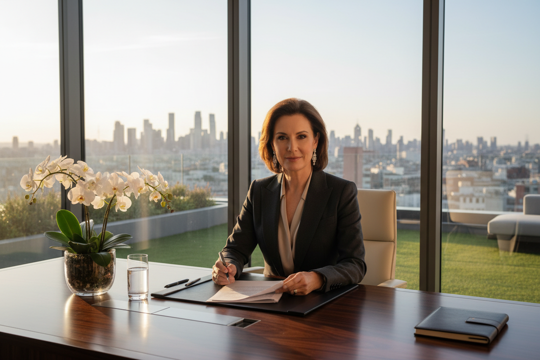 Confident professional woman in her 50s at a luxurious executive desk, poised and accomplished in a high-end workspace