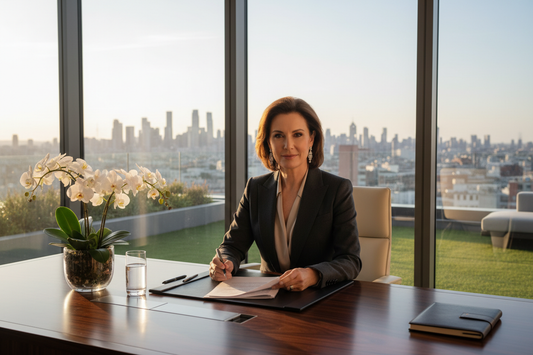 Confident professional woman in her 50s at a luxurious executive desk, poised and accomplished in a high-end workspace