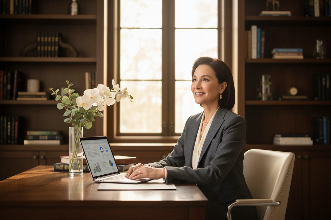Confident elegant professional woman in her 50s working at a luxurious home office desk in a tailored blazer, effortlessly achieving weight loss results through flexible at-home doctor-supervised homeopathic guidance that fits her demanding schedule