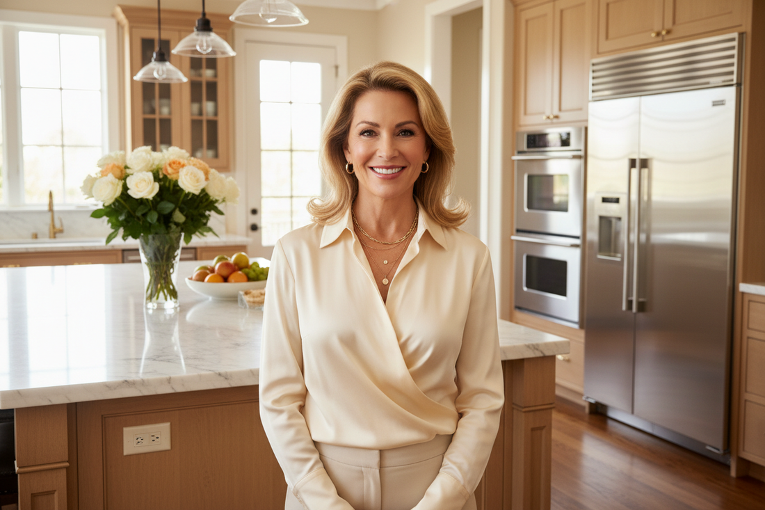  Elegant professional woman in her 50s standing tall and radiant in a luxurious upscale kitchen, bright confident smile, silk blouse, tasteful gold jewelry, fresh flowers on marble counter, warm golden morning light