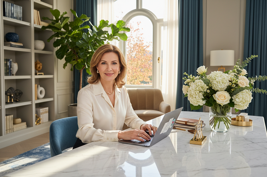  Elegant professional woman in her 50s working confidently at a luxurious marble desk in a beautiful sunlit home office, silk blouse, tasteful jewelry, and fresh flowers