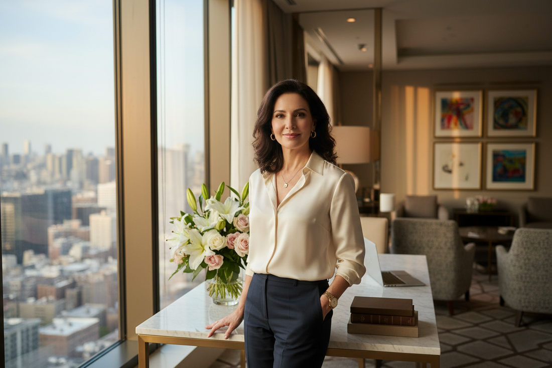 Elegant professional woman in her 50s standing confidently by floor-to-ceiling windows in a luxurious upscale setting, radiant and poised in natural light