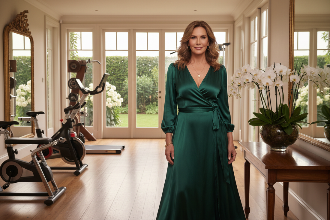 Elegant fit woman in a luxurious home with natural light, looking toned and radiant, representing the muscle-preserving benefits of a doctor-supervised weight loss program that targets non-essential fat reserves