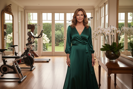 Elegant fit woman in a luxurious home with natural light, looking toned and radiant, representing the muscle-preserving benefits of a doctor-supervised weight loss program that targets non-essential fat reserves