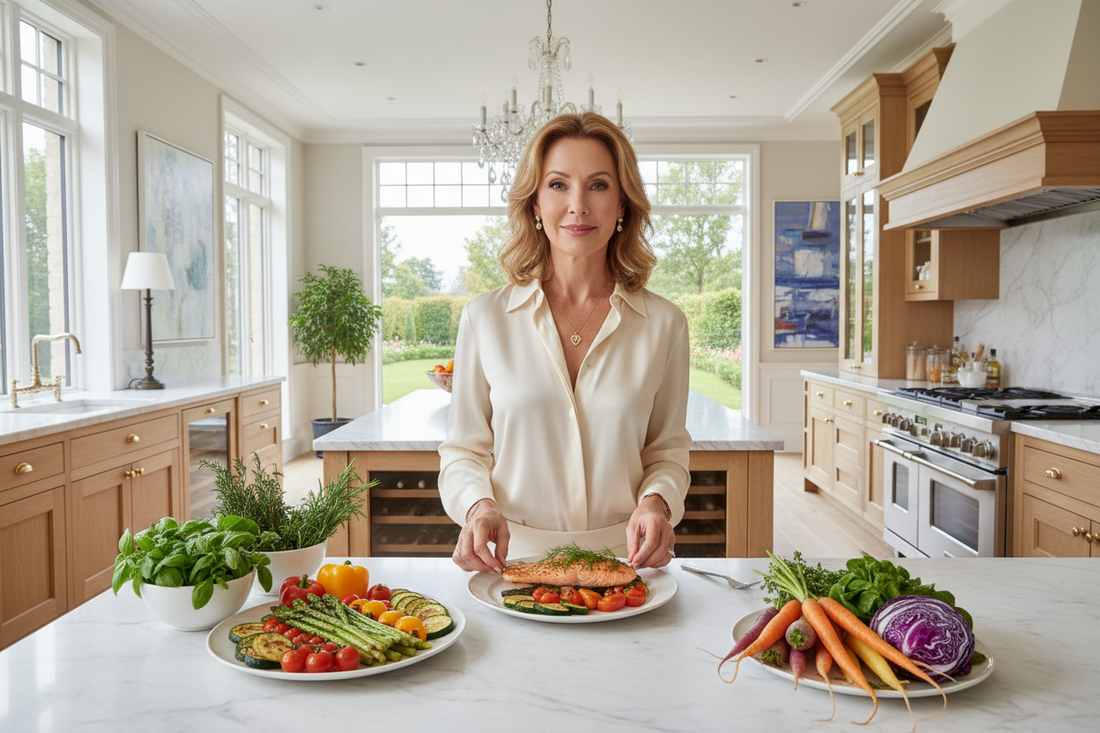 Elegant woman in her 50s preparing a beautiful protein-rich meal with grilled salmon and fresh vegetables on a marble countertop in a luxurious upscale kitchen with soft natural light