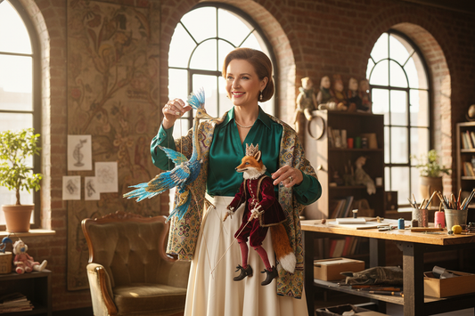 Elegant well-dressed woman in her 50s performing puppetry with beautiful handcrafted puppets in an upscale creative studio - Doctor-supervised weight loss program for puppetry enthusiasts