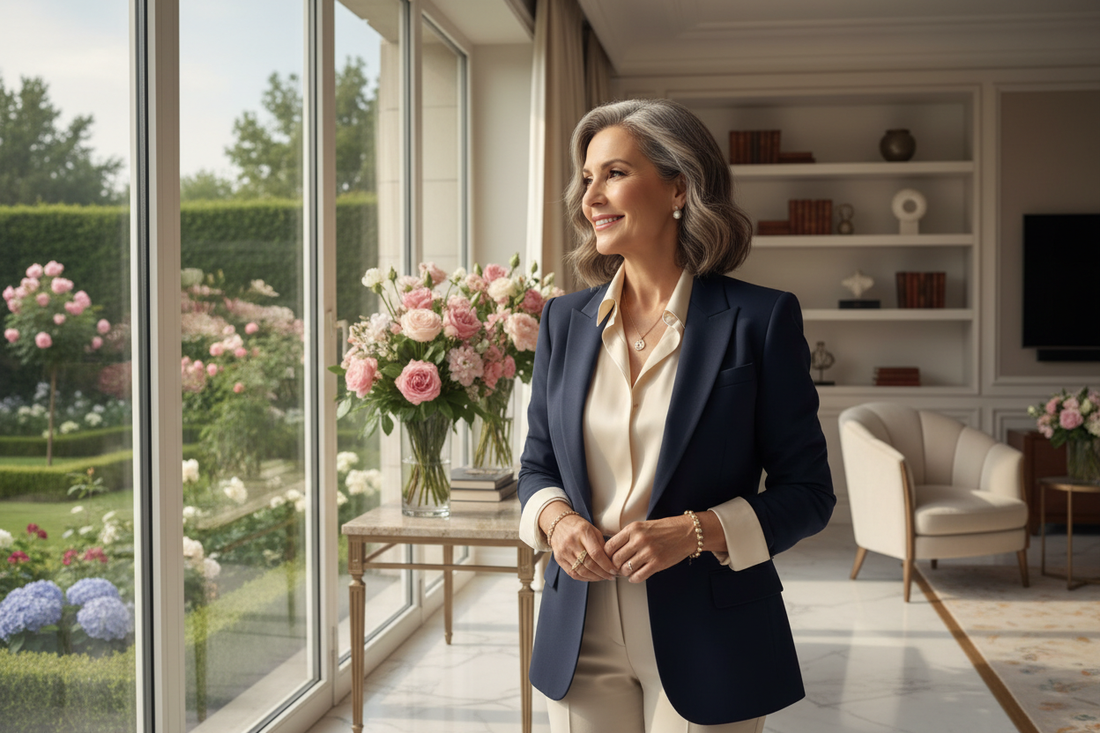 Elegant woman in her 50s standing in a luxurious sunlit home looking deeply fulfilled and purposeful, gazing at a beautiful garden