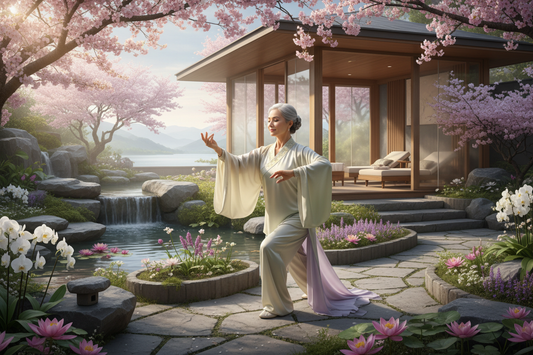 Elegant woman practicing Qigong in a serene luxurious garden supporting her weight loss journey with Dr. Donna Restivo