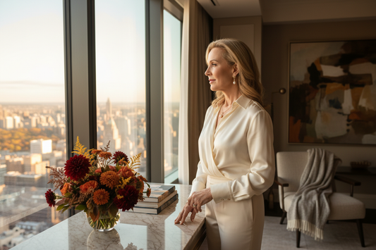 Elegant woman in her 50s standing at a large window in a luxurious home, calm and confident, soft autumn light, radiant and composed