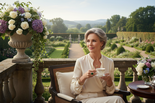 Elegant woman in her 50s sitting quietly on a luxurious stone terrace overlooking a lush garden, radiant and calm, soft morning light, silk blouse, tasteful gold jewelry, high-end outdoor setting