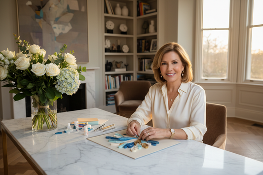Elegant woman in a luxurious home studio carefully crafting intricate quilled paper art at a marble desk, representing the connection between creative hobbies, stress reduction, and weight loss.