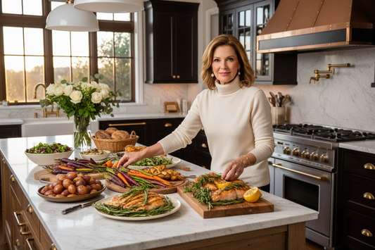  Elegant woman in her 50s arranging a beautiful real-food dinner spread in a luxurious kitchen during a busy evening, calm and accomplished
