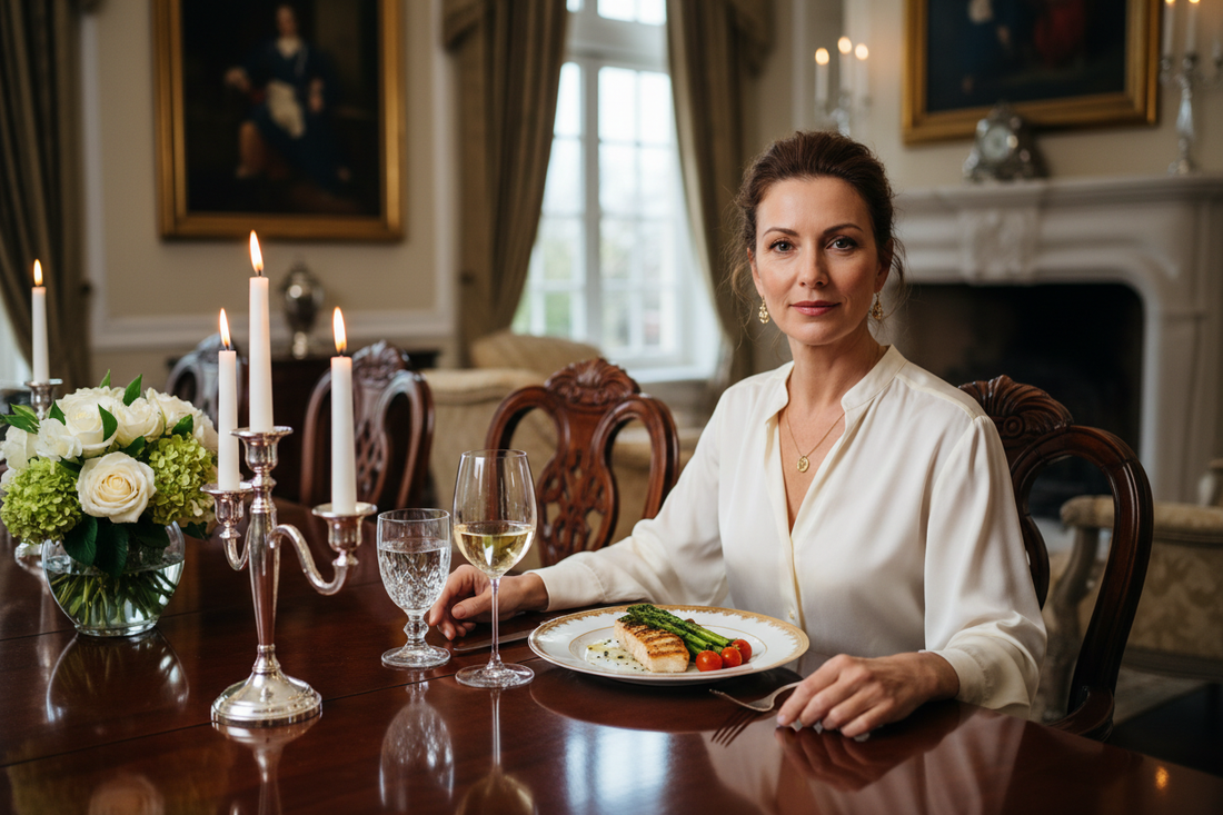 Elegant woman in her late 40s enjoying a simple healthy meal of grilled protein and fresh vegetables at a beautifully set dining table with candlelight, fine china, and fresh flowers