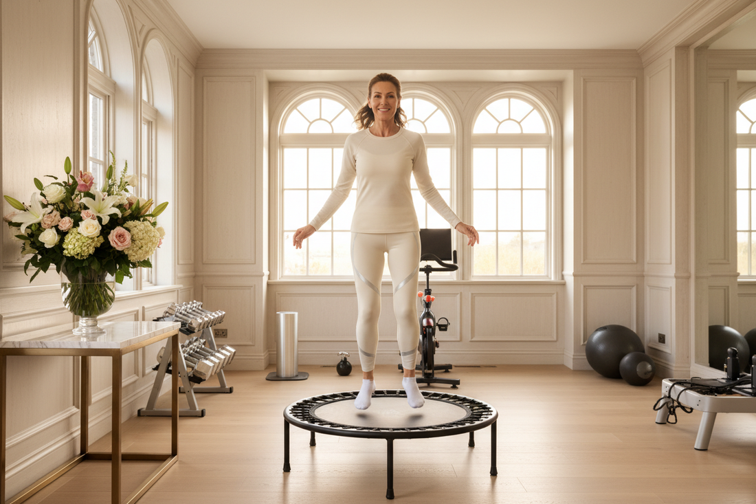 Elegant woman rebounding on a mini trampoline in a bright luxurious home supporting her weight loss journey with Dr. Donna Restivo