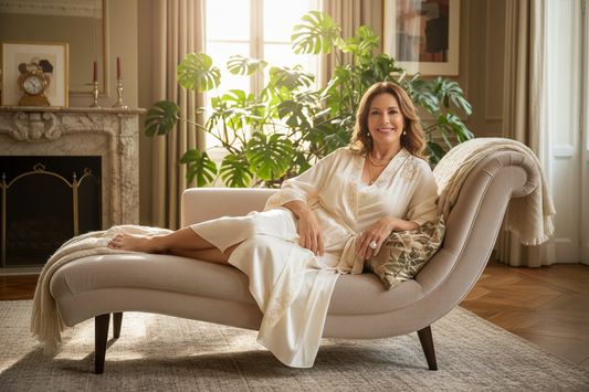 Graceful luminous woman in her 50s reclining in a luxury living room hand on abdomen smiling with deep relief as inflammation lifts and inner peace is restored