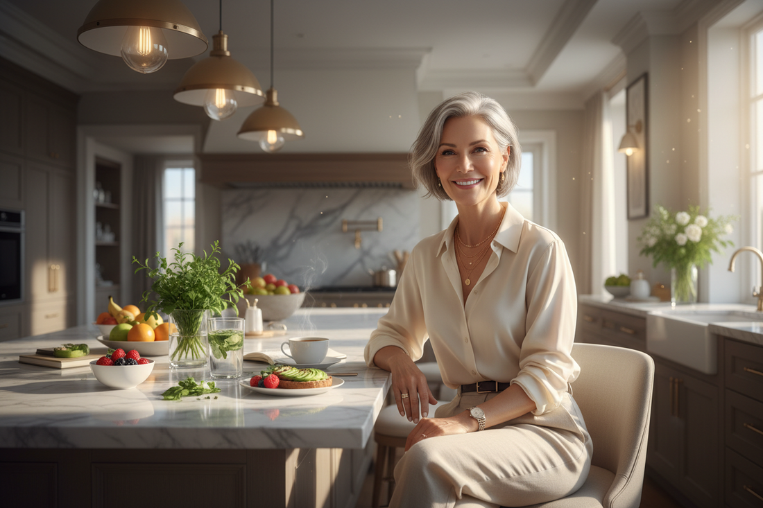 Radiant elegant woman in her 50s at a sunlit luxury kitchen island enjoying a meal with deep contentment after restoring metabolic health and reducing diabetes risk